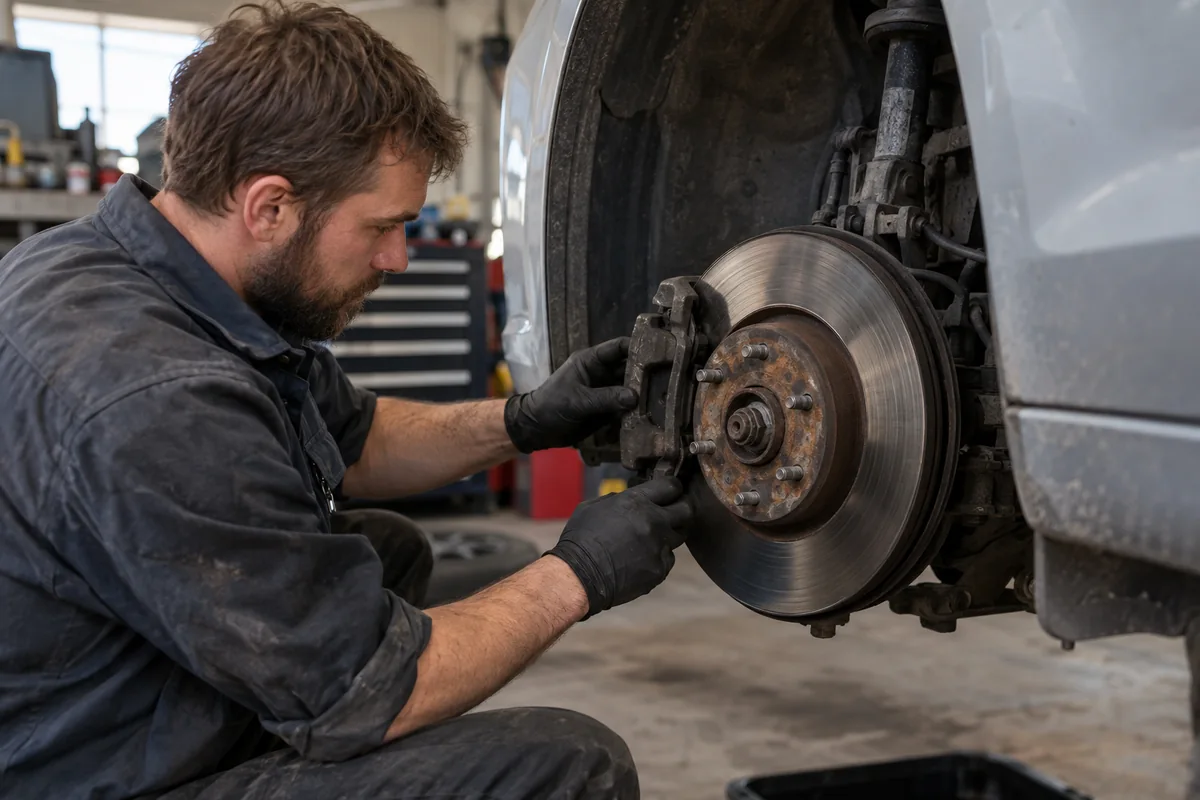 Mechanic inspecting the brake rotor and caliper on a raised vehicle