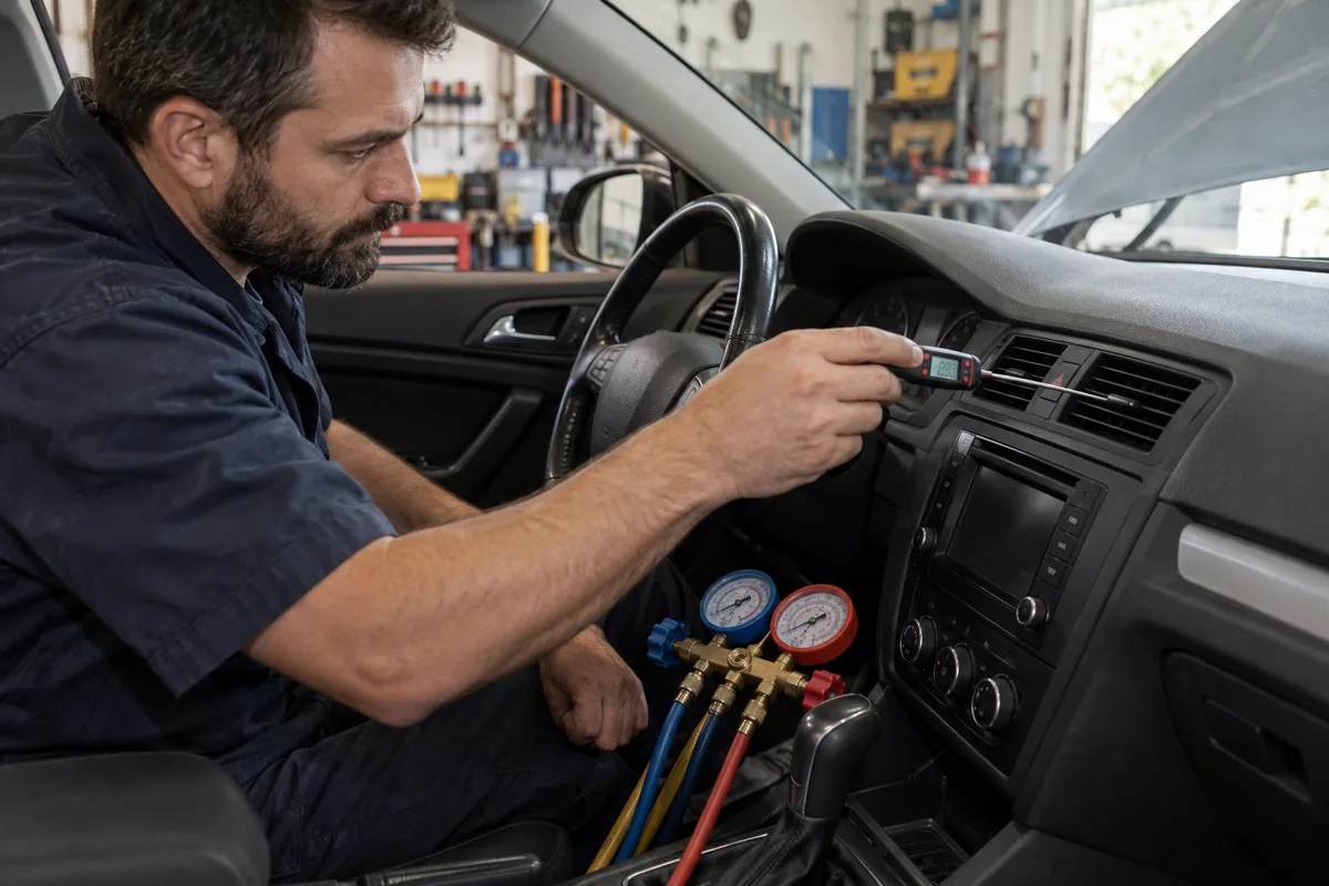 Technician measuring vent temperature during an automotive air-conditioning diagnosis