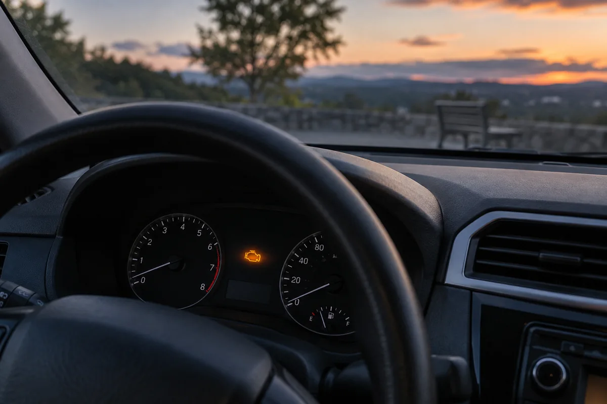 Dashboard with an illuminated check-engine warning after the vehicle is safely parked