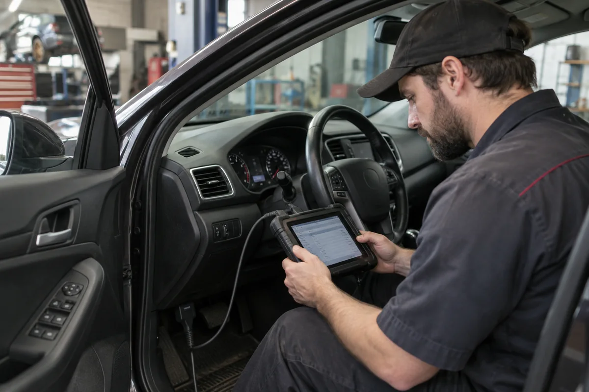 Technician using a scan tool connected to a vehicle diagnostic port