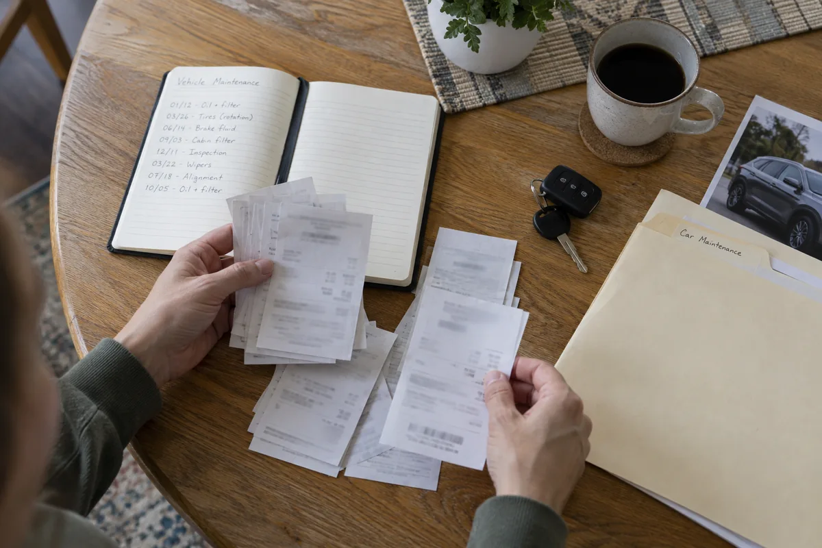 Vehicle owner organizing maintenance receipts and service records