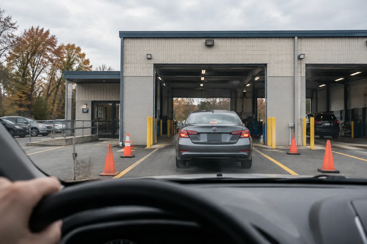 Vehicle approaching a generic New Jersey inspection lane