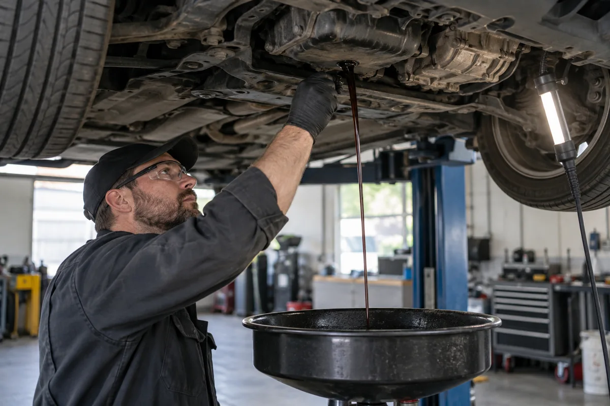 Used engine oil draining into a collection pan during service