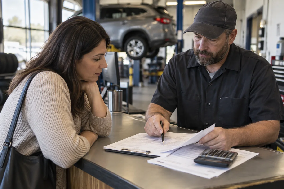 Vehicle owner reviewing a repair estimate with a service advisor