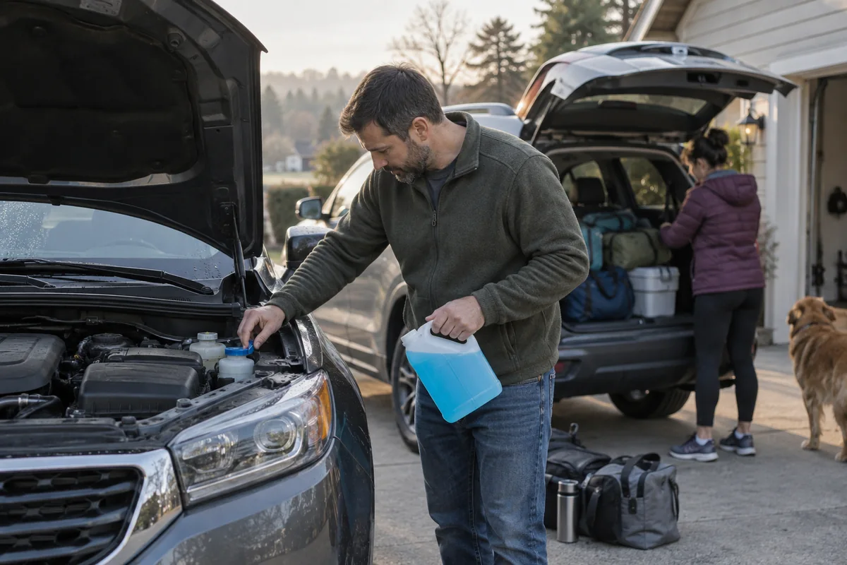 Driver checking fluids while preparing a family vehicle for a road trip