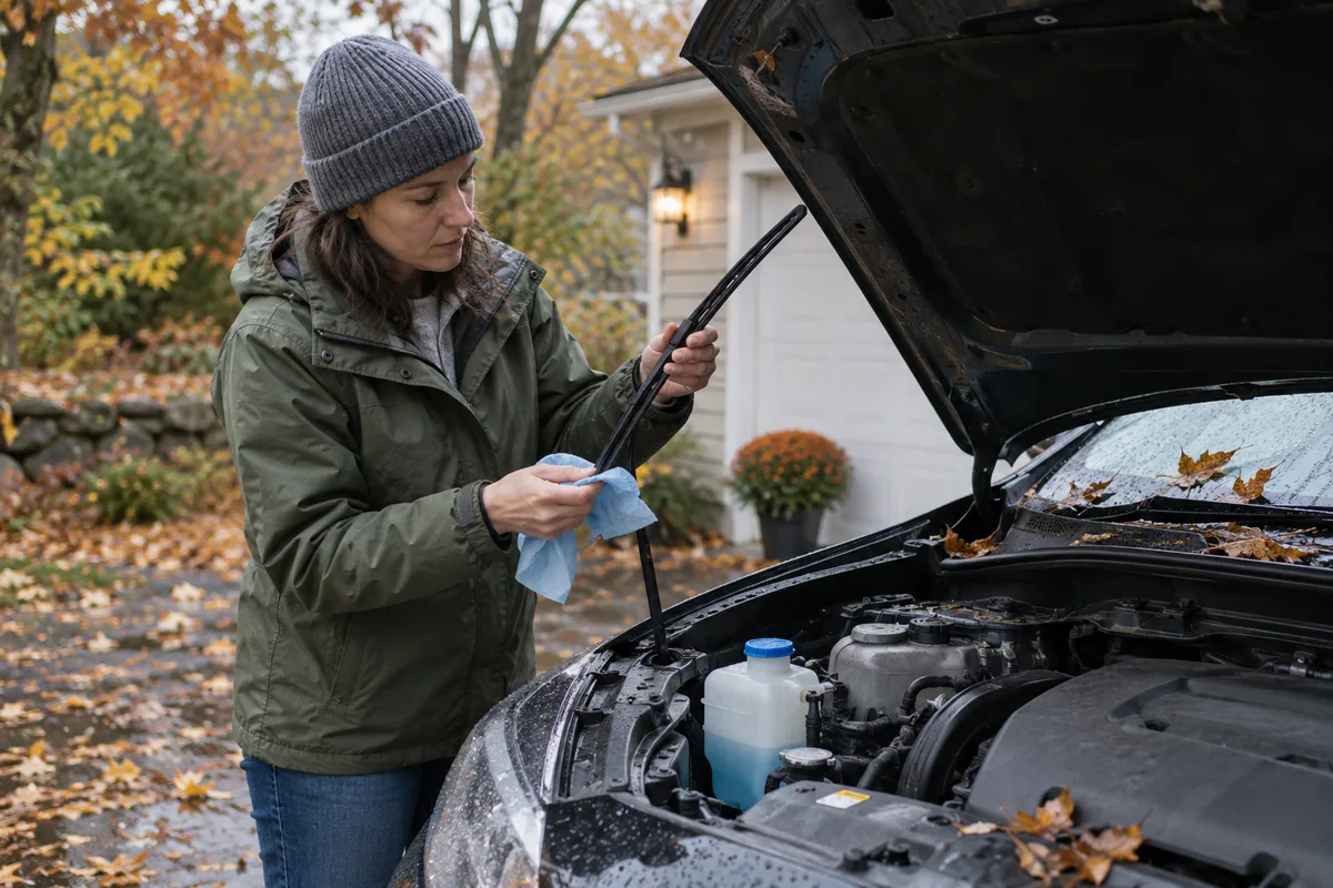 Driver checking wipers and washer fluid during an autumn maintenance check