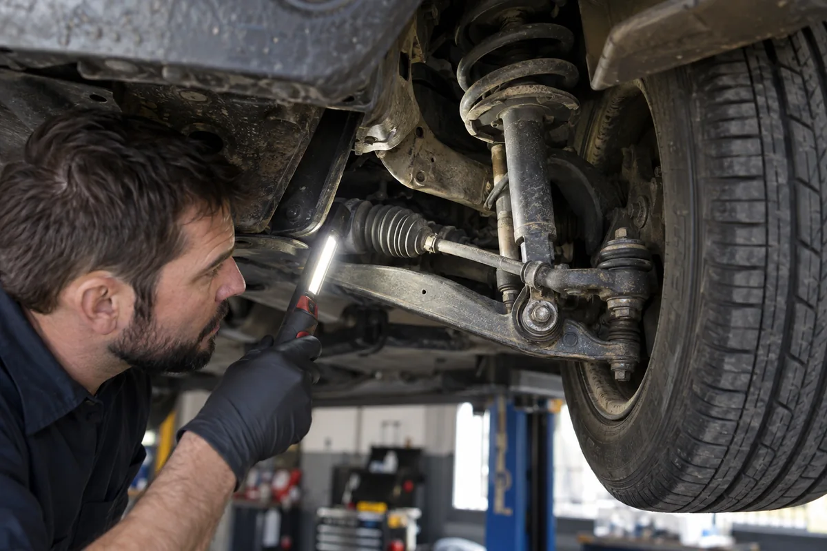 Mechanic examining steering and suspension components with an inspection light