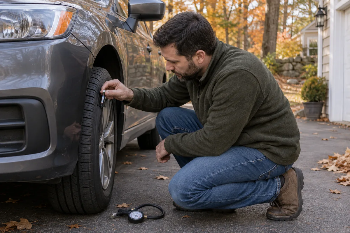 Driver measuring tire tread depth beside a parked vehicle