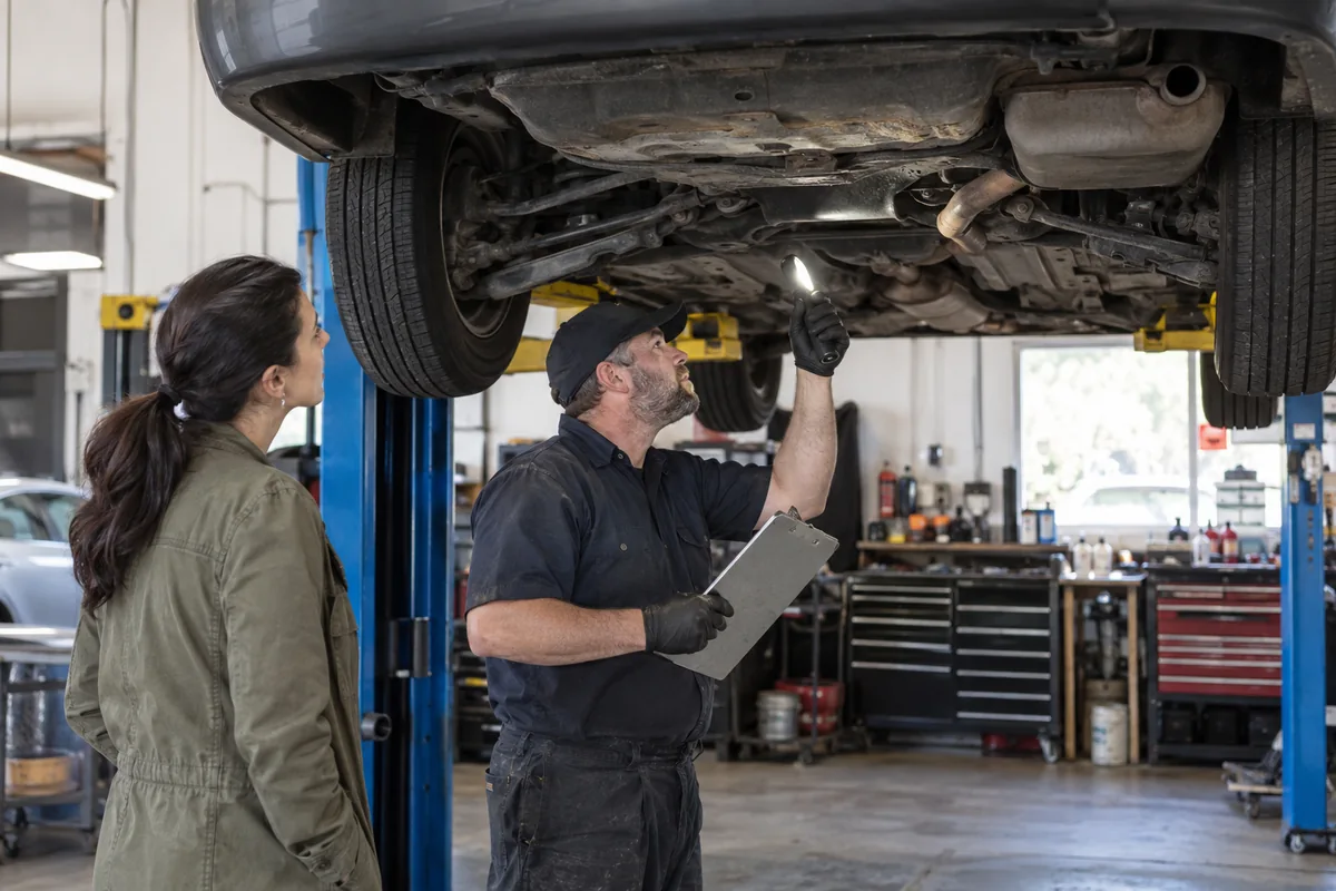 Independent mechanic inspecting the underside of a used vehicle