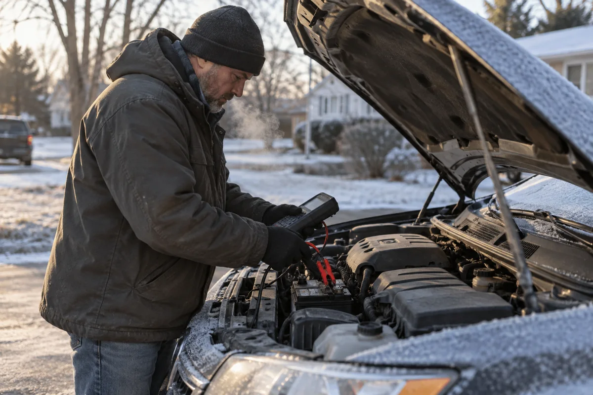 Battery testing under the hood on a cold winter morning