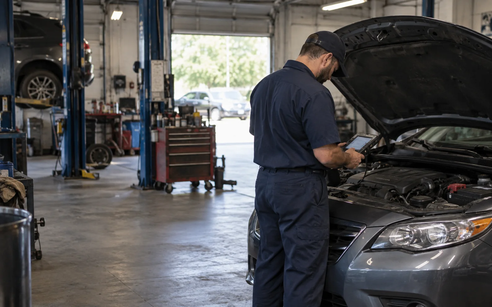Mechanic using a diagnostic scanner beside a car in a working repair bay