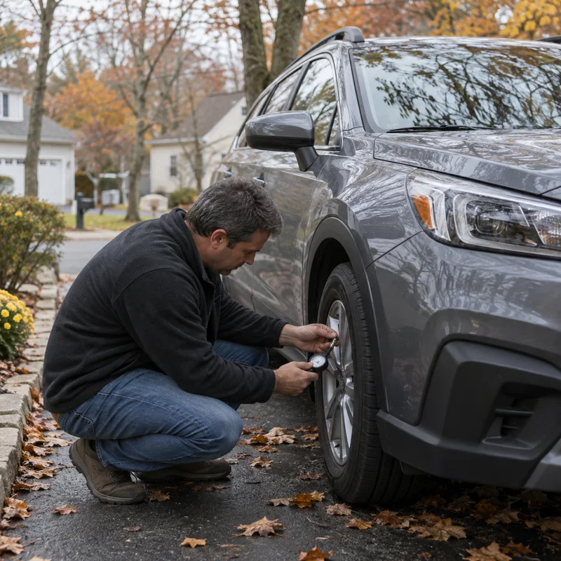 Driver checking tire pressure on an autumn morning