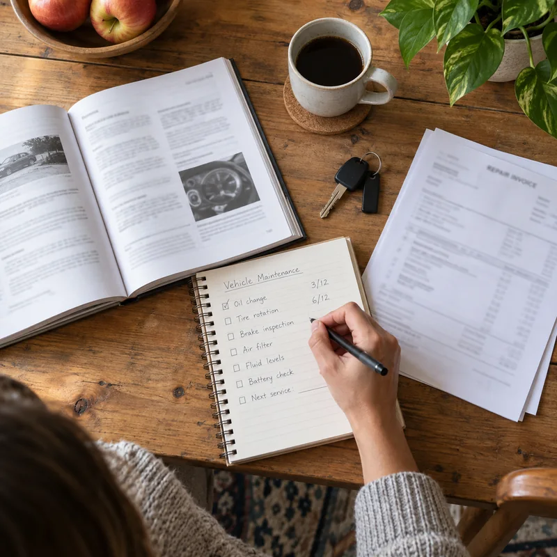 Vehicle owner organizing maintenance notes and service records